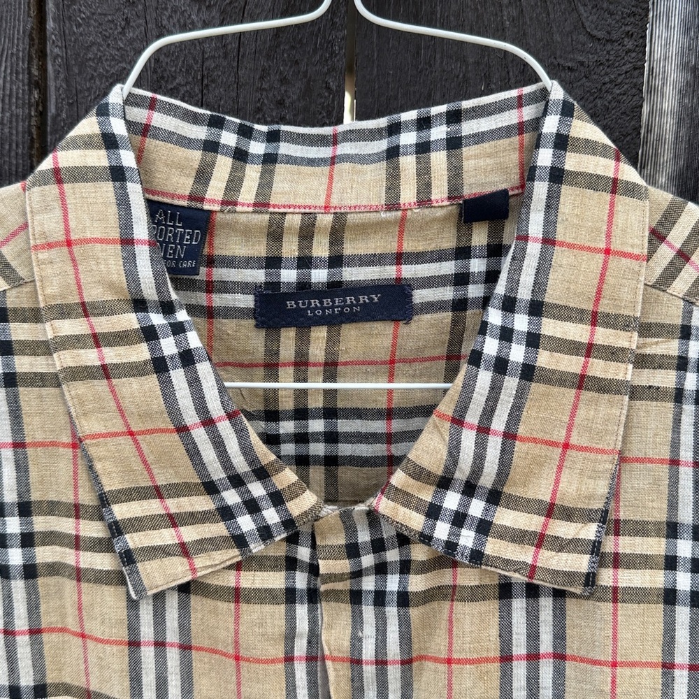 Burberry Plaid 100% Linen Shirt. EUC. Tan, white, black, red, gray.